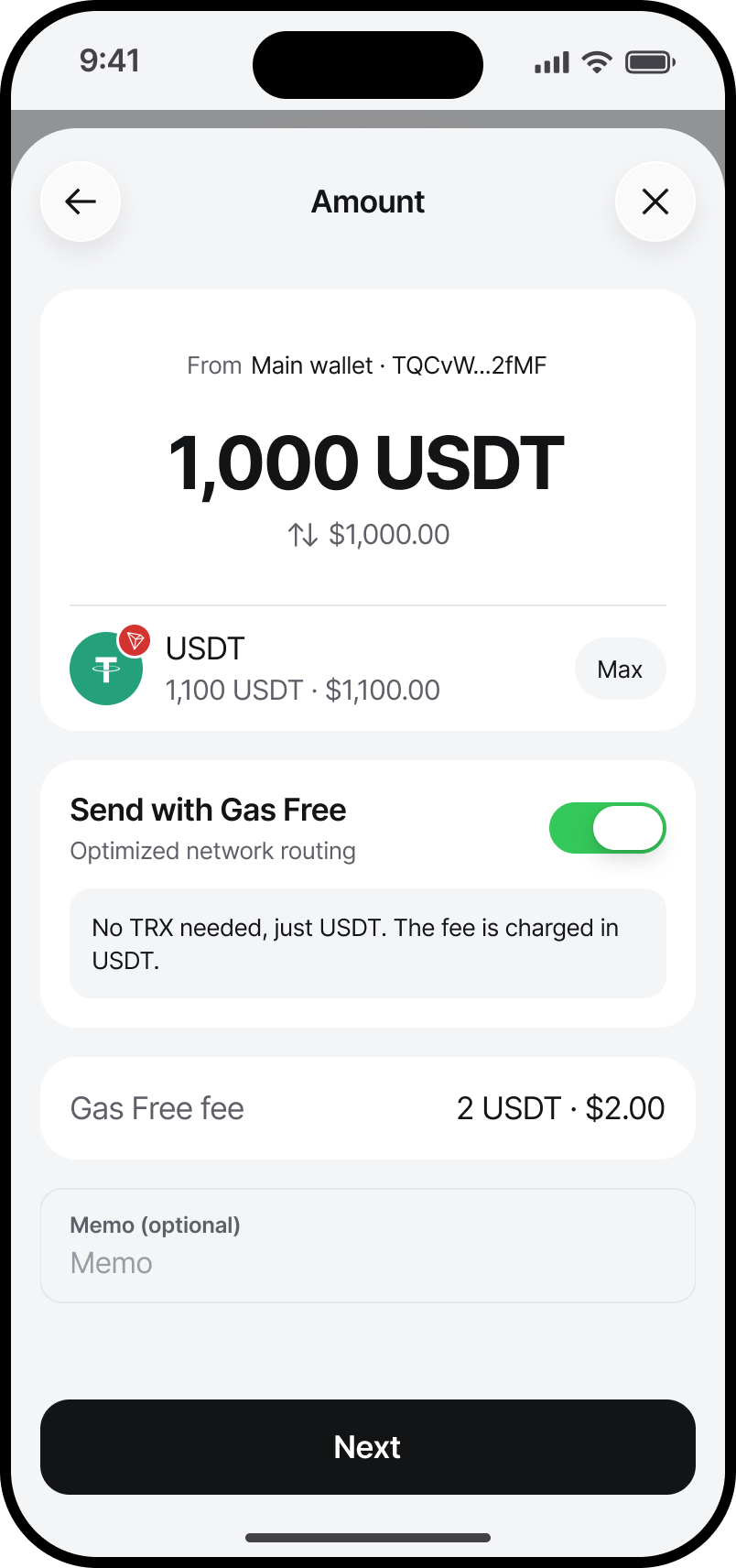 Eldo Wallet Amount screen with Send with Gas Free turned on